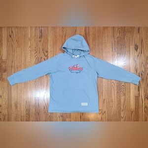 Life is Good Mens Size M Truck Dog Flag Graphic Blue Long Sleeve Hooded T-shirt